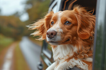 happy dog with fluffy ears flapping in the wind looks out from a car window, embodying the joy of a road trip