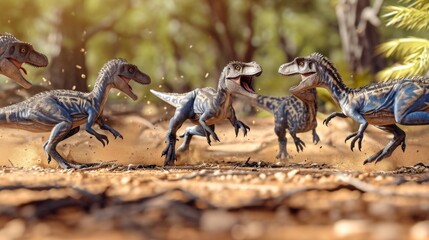 A group of baby velociraptors pouncing and tackling each other in a friendly game of catch.