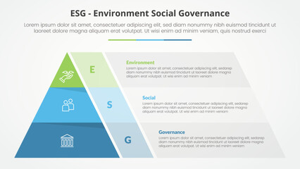 ESG frameworks infographic concept for slide presentation with pyramid shape and transparent container box with 3 point list with flat style