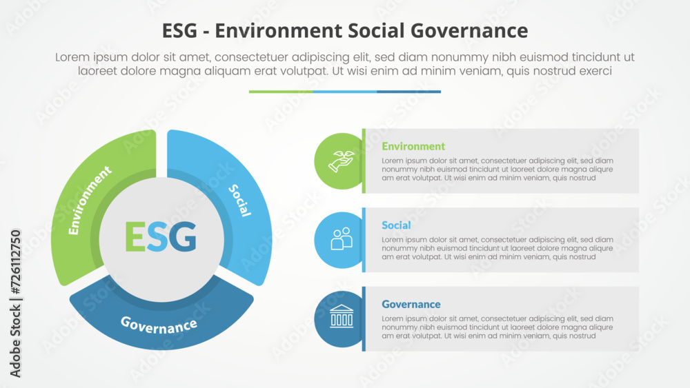 Poster esg frameworks infographic concept for slide presentation with big pie chart shape and round rectang