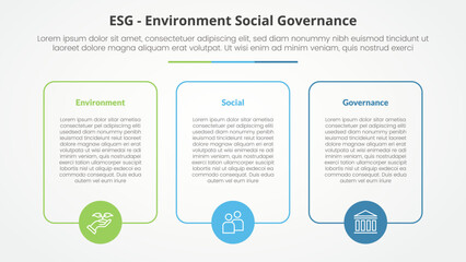 ESG frameworks infographic concept for slide presentation with big box outline with circle on bottom with 3 point list with flat style