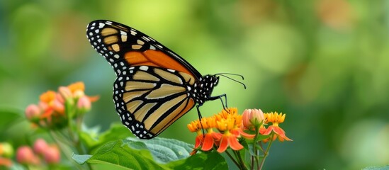 Obraz premium Monarch butterfly, a migrant, lands on a flower in Montreal Botanical Garden.
