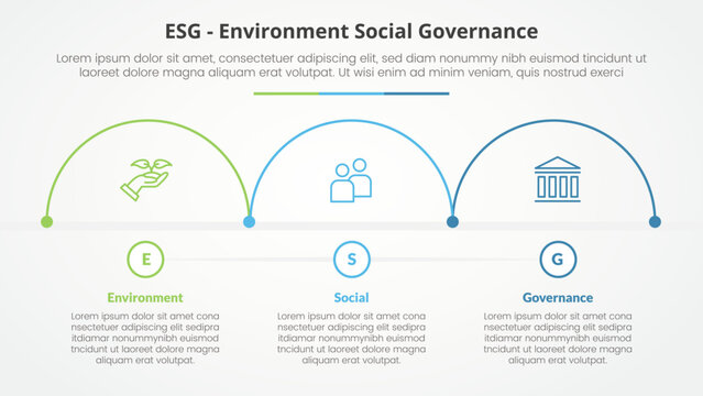 ESG frameworks infographic concept for slide presentation with half circle outline horizontal direction with 3 point list with flat style