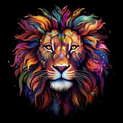 Obraz premium Abstract Multicolored Profile Portrait of a Lion Head on a Black Background. Generative AI