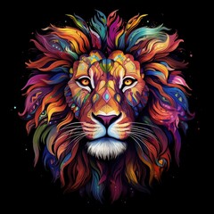 Abstract Multicolored Profile Portrait of a Lion Head on a Black Background. Generative AI