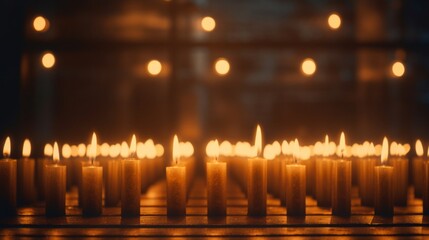Rows of lit candles provide a serene and reflective ambiance in a dimly lit setting.