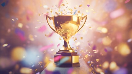 A champion's golden trophy cup illuminated by celebratory confetti and sparkling lights.