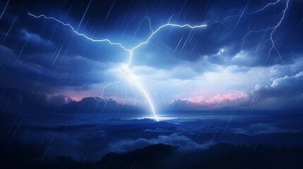 Naklejka na ściany i meble A powerful thunderstorm with vivid lightning strikes over a mountainous landscape at dusk.