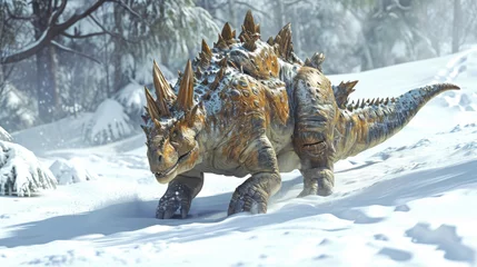 Gordijnen An armored dinosaur with a thick layer of fur and a long spiky tail trudges through the snow leaving deep footprints behind it and leaving no doubt of its formidable presence. © Justlight