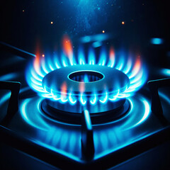 Blue flames of a gas burner on a blue background. 3d rendering