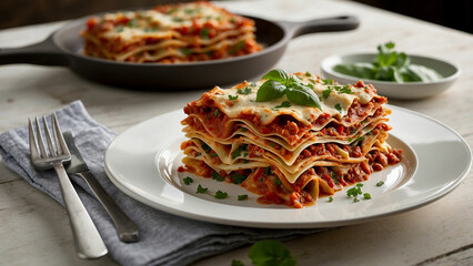 A serene setting where a serving of vegetable lasagna graces a classic plate, taking center stage on a smooth white wooden table with emphasizing the intricate layers of pasta, flavorful tomato sauce,
