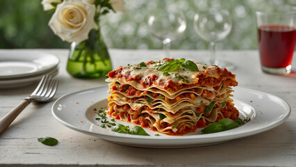 A serene setting where a serving of vegetable lasagna graces a classic plate, taking center stage on a smooth white wooden table with emphasizing the intricate layers of pasta, flavorful tomato sauce, - obrazy, fototapety, plakaty