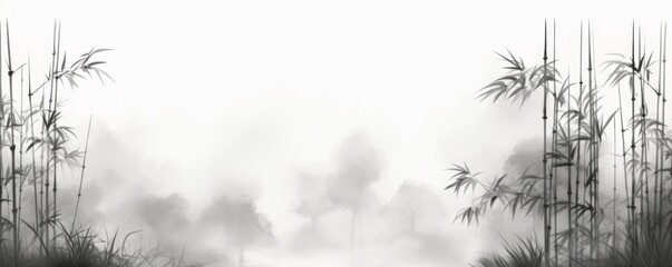 bamboo and branches in black and white, in the style of ink-wash landscape