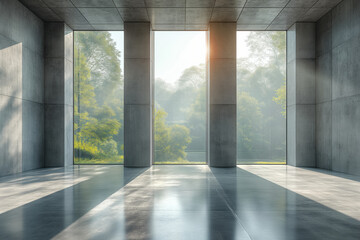 elegant modern interior space with large concrete pillars framing a tranquil forest view, bathed in soft sunlight
