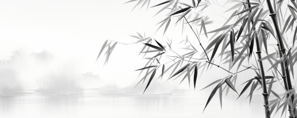 bamboo and branches in black and white, in the style of ink-wash landscape