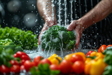 Hands carefully wash a head of broccoli under a refreshing spray of water, emphasizing the importance of cleaning fresh produce