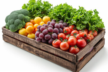 rustic wooden crate filled with vibrant fresh produce, including green lettuce, yellow tomatoes, grapes, and red tomatoes, showcasing farm-to-table freshness