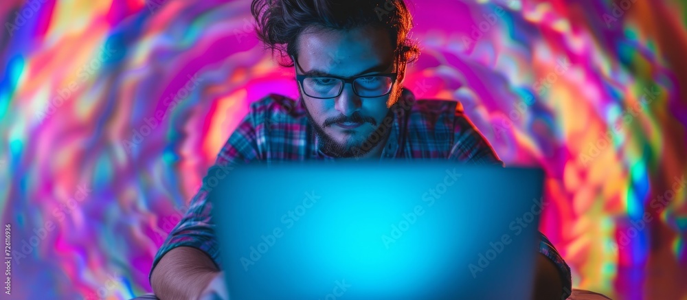 Poster Focused young man multitasking on computer with vibrant backdrop