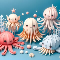 The cute and lovely sea creatures paper art, craft, surrealism, 3D digital art, simple background. Generative AI.