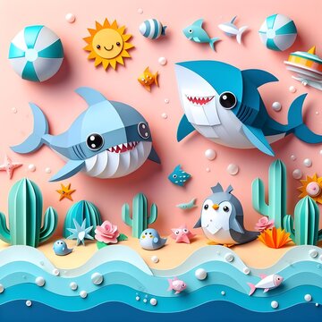 The cute and lovely sharks paper art, craft, surrealism, 3D digital art, simple background. Generative AI.