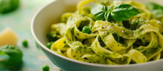 Selective focus on spinach and green pea pesto accompanies tagliatelle pasta. - obrazy, fototapety, plakaty