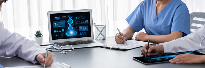 Group of doctor or researcher studying genetic disease in DNA with laptop, analyze genetic data,...