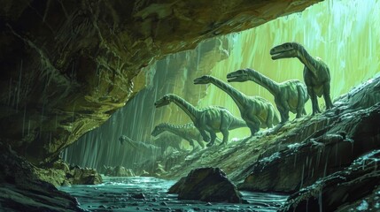 A group of hadrosaurs taking shelter from a storm in a deep cavernous cave system. - obrazy, fototapety, plakaty