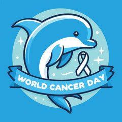 World Cancer Day banner with dolphin and ribbon on blue background. Vector illustration.