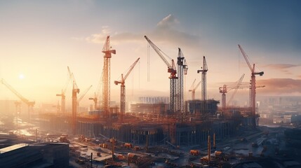 A panoramic view of a massive construction project with multiple cranes