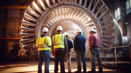 A team of engineers and workers inspecting a large industrial turbine