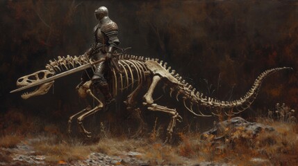 Fototapeta na wymiar A dark and eerie oil painting of a medieval knight gallantly riding a skeletal dinosaur reflecting the misinterpretation of dinosaur fossils as dragons in medieval times.