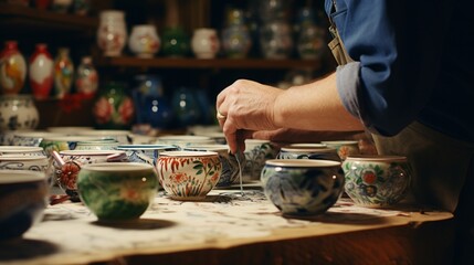 A shot of a craftsperson hand-painting ceramics in a workshop