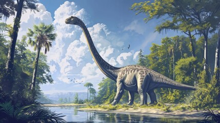 A gentle brachiosaurus browsing on the abundant plants along the riverbank reaching its long neck up to nibble at the treetops.