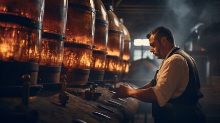 A worker in a distillery checking the quality of spirits in a large aging barrel - obrazy, fototapety, plakaty