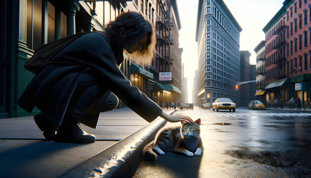 woman caressing the head of a stray cat lounging on the side of a road in New York City, with natural light enhancing the warmth and detail of the moment