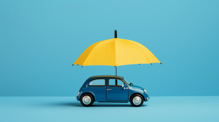 a miniature car and a small umbrella on a tranquil blue background, creating a simple yet impactful representation of car insurance. Generative AI.