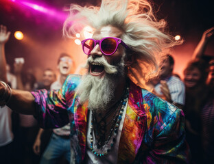 A man with a long white beard and sunglasses dancing at a party. Generative AI.