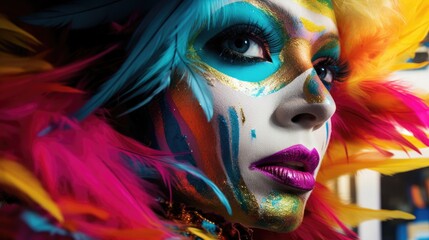 A woman with colorful makeup and feathers. Generative AI.