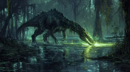 Foto op Plexiglas The eerie glow of bioluminescent algae lighting up the waters of the swamp revealing the slinking movements of a giant Baryonyx on the prowl. © Justlight