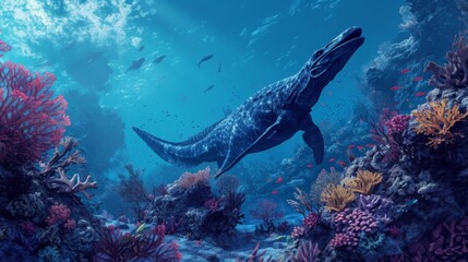 Obraz na płótnie Canvas A sea of prehistoric life surrounding a solitary mosasaur its watchful eye surveying the bustling reef as it takes a moment to rest on a large coral head.