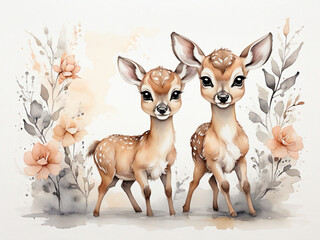 Watercolour painting of two cute deer fawns in the woods