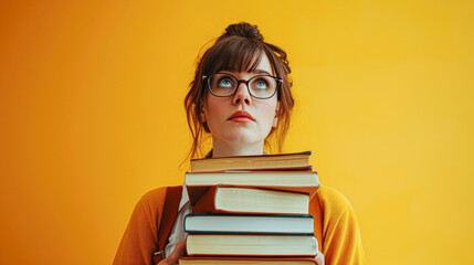 Focused young female with stylish glasses clutching a stack of colorful books, set against a bright yellow background.