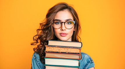Cheerful young student with large glasses balancing a stack of books on her head against a vibrant orange backdrop.