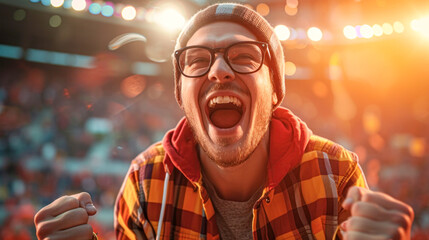 Excited Sports Fan Cheering in Stadium.Euphoric male sports fan shouting in support, surrounded by stadium crowd during a live sporting event, capturing the passion of fandom.