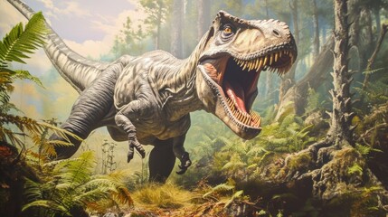 An immersive exhibit utilizes tingedge technology to project a lifelike Allosaurus onto a wall allowing visitors to see and hear the dinosaur as if it were alive.