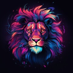 Obraz premium Lion Head in Synthwave Isolated on Dark Blue Background. Generative AI