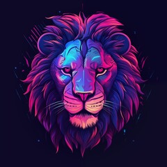 Obraz premium Lion Head in Synthwave Isolated on Dark Blue Background. Generative AI