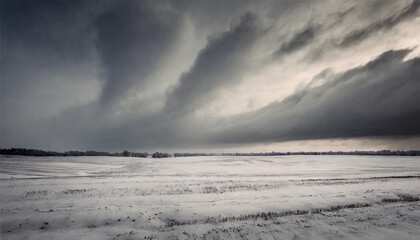 Fantastic winter landscape with snow covered field and dark stormy sky