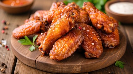 Crispy fried chicken wings on wooden table.