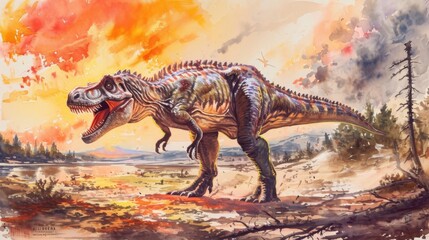 A watercolor portrayal of an Allosaurus midhunt its muscular body lit up by the fiery glow of a setting sun capturing the drama and danger of prehistoric times.
